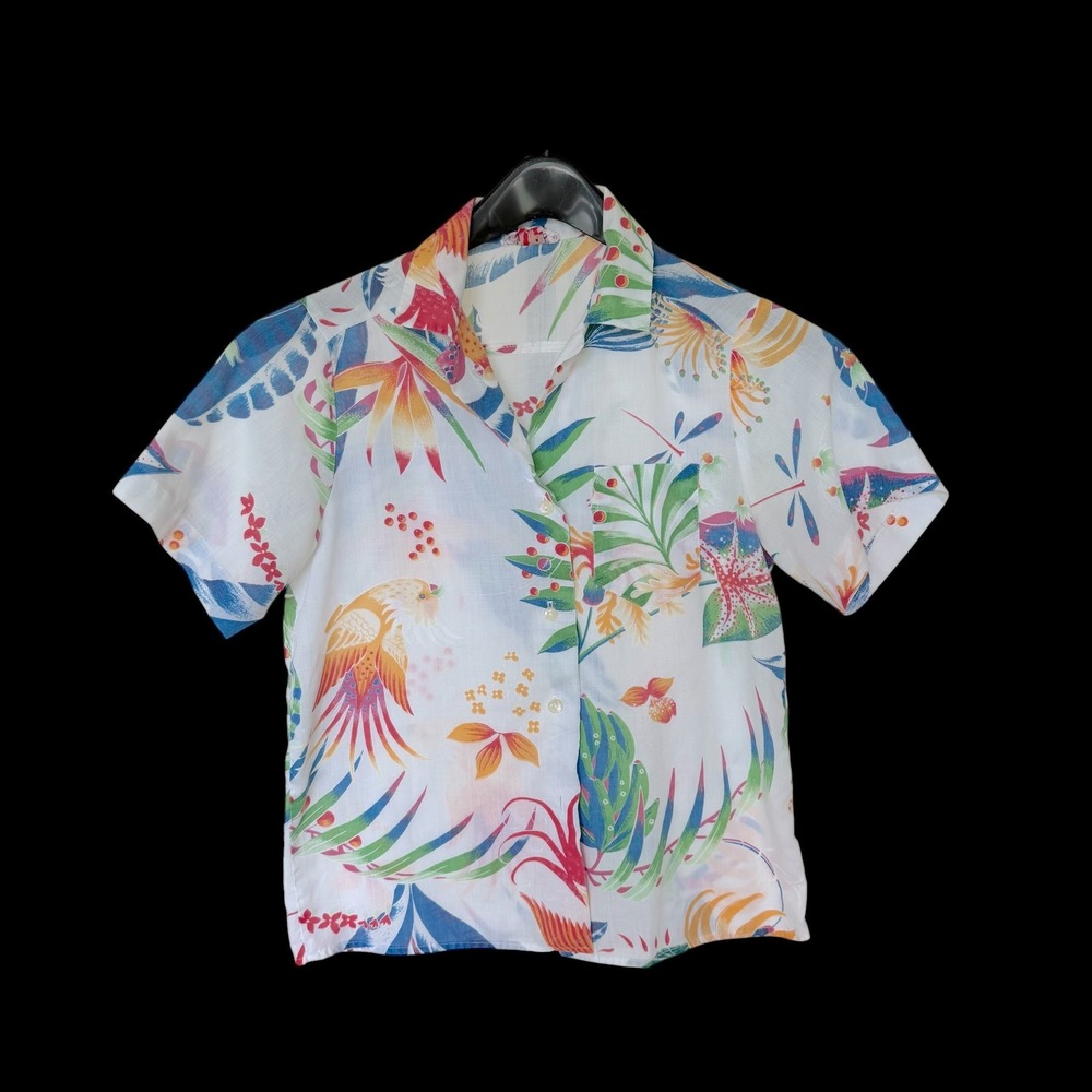 70's Tops Tropical Bird Floral Print Camp Shirt Short Sleeve Small